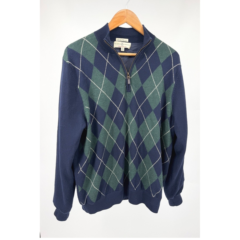 Fairway & Greene Mens M Merino Wool Argyle Golf Wind Sweater Vest Blue Green